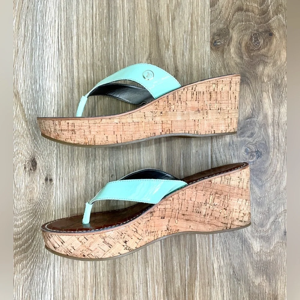 Sam Edelman Romy Cork Wedge Thong Sandals Size 8.5 M Iphone Retro Green LNC